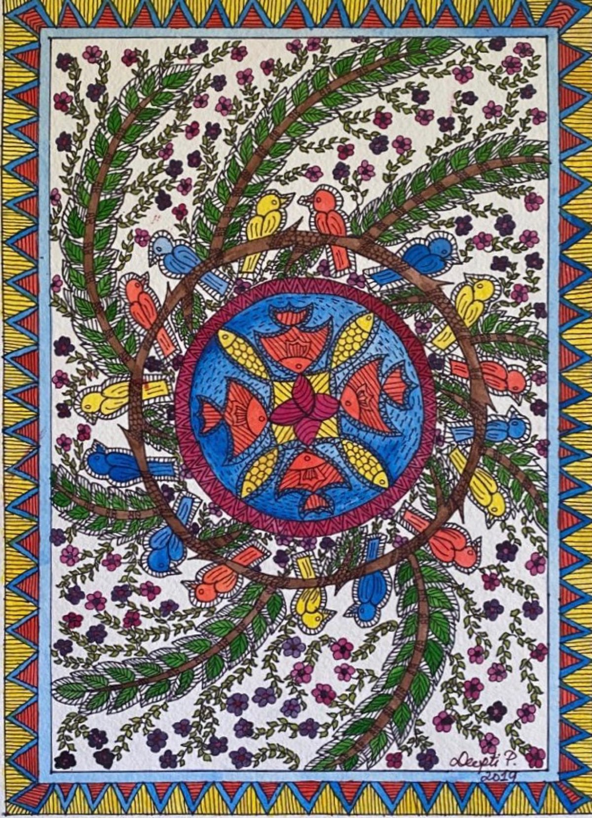 Original handmade Harmony Madhubani painting by a women artist from Bihar, India, featuring intricate Mithila folk art patterns.