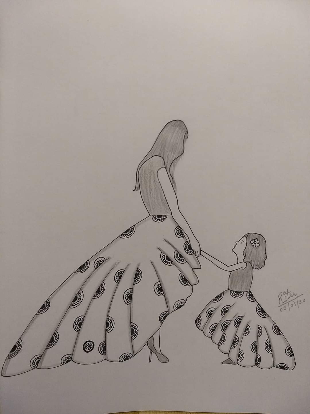 ORIGINAL HANDMADE MOM WITH DAUGHTER SKETCH