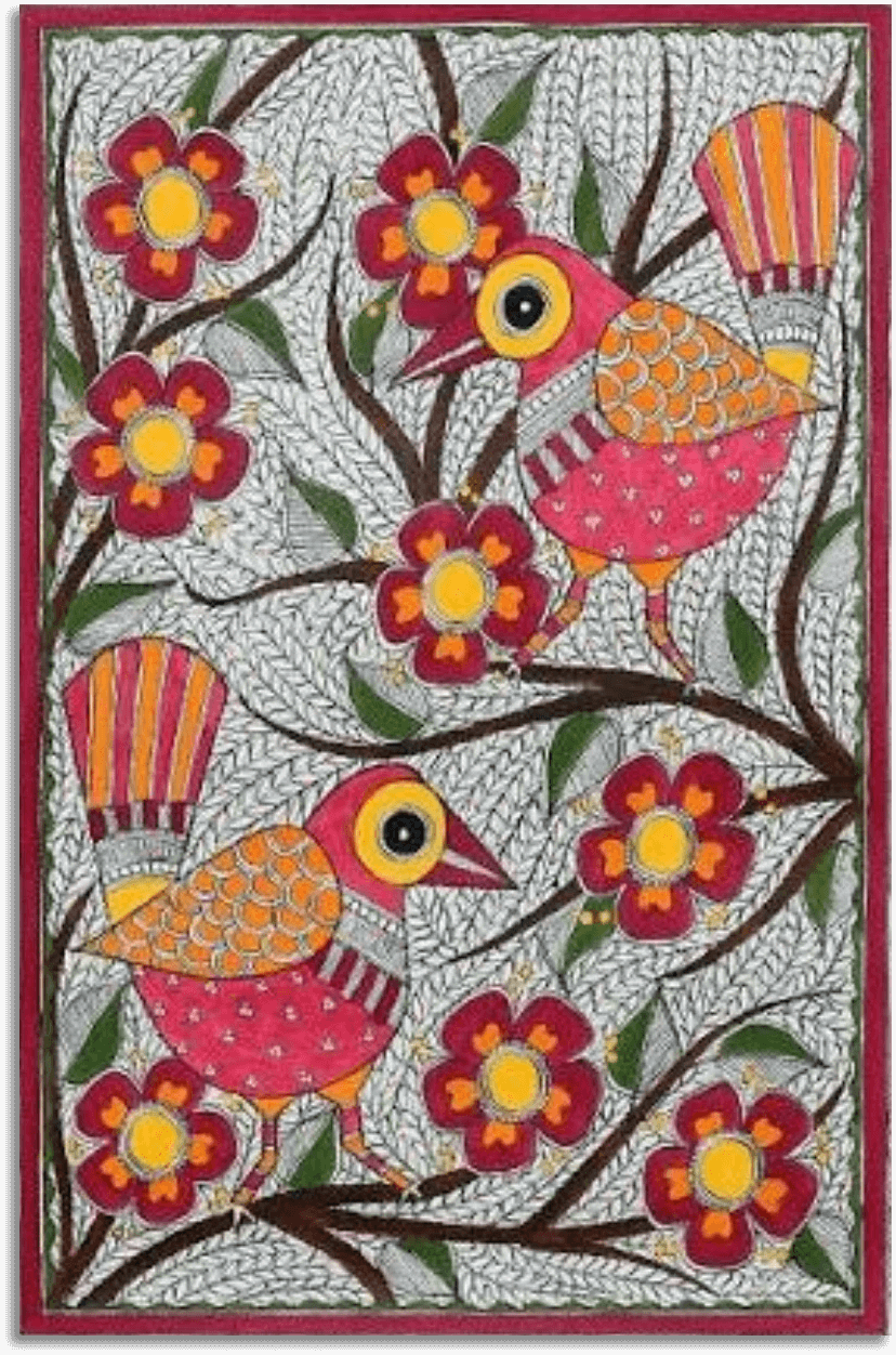 ORIGINAL HANDMADE BIRDS WITH FLOWERS MADHUBANI PAINTING