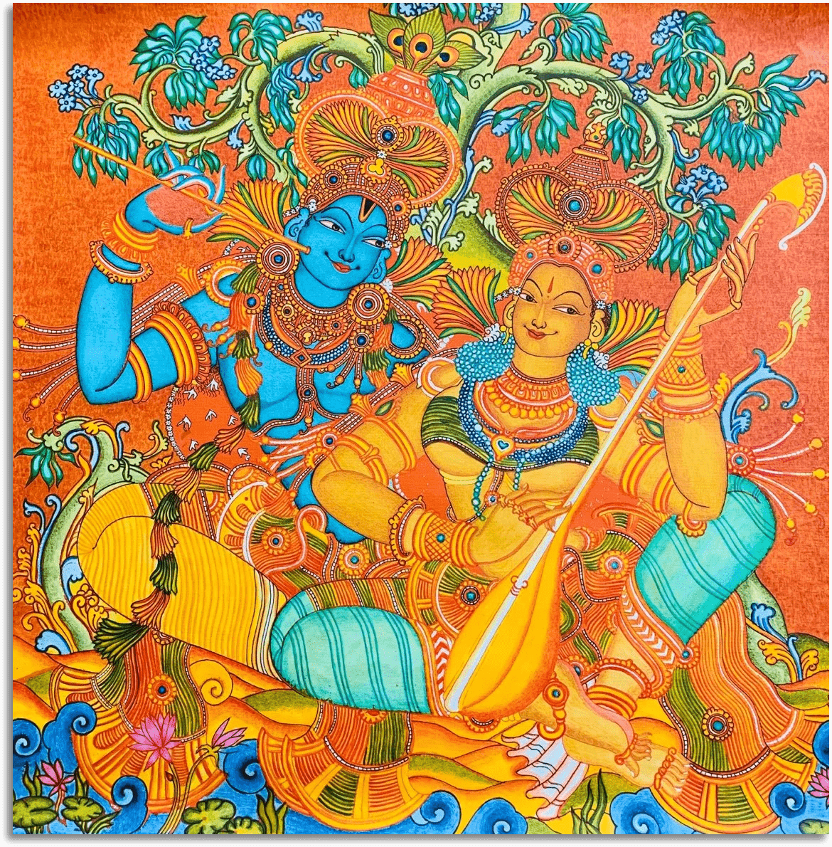 ORIGINAL HANDMADE RADHA KRISHNA KERALA MURAL PAINTING