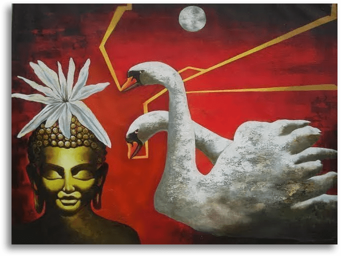ORIGINAL HANDMADE ACRYLIC BUDDHA AND SWAN PAINTING