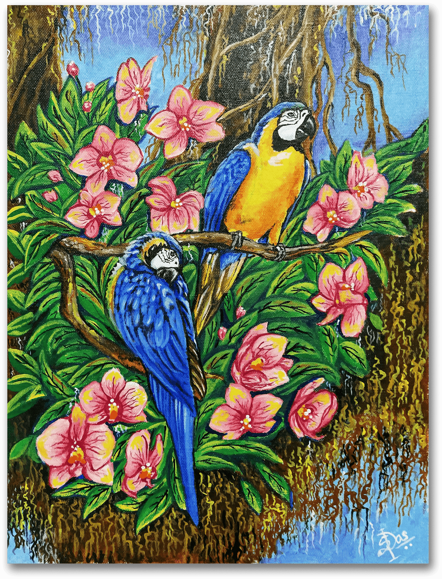 ORIGINAL HANDMADE PAIR OF PARROTS PAINTING