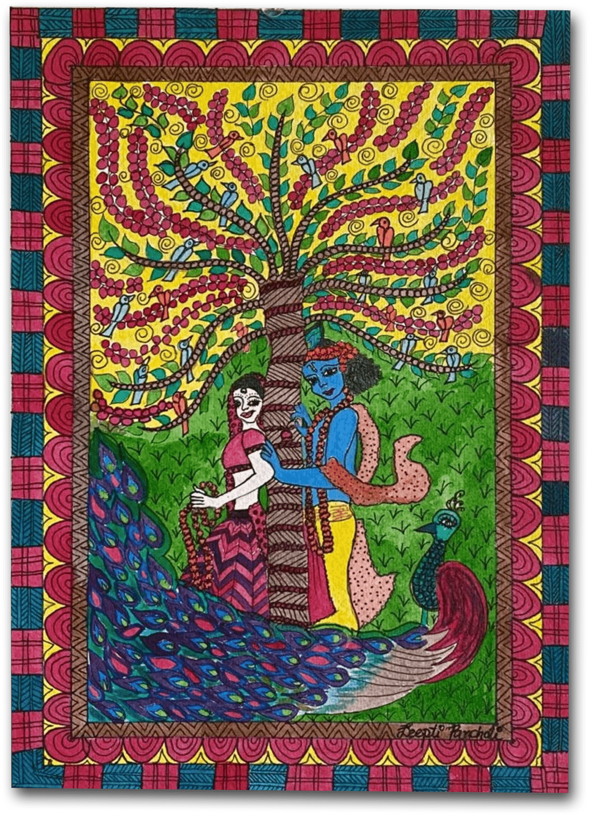 ORIGINAL HANDMADE ETERNAL LOVE MADHUBANI PAINTING