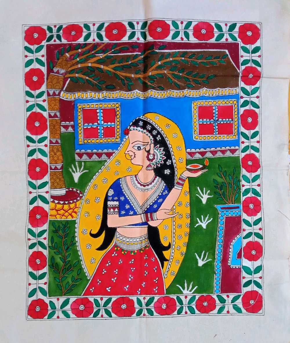 ORIGINAL HANDMADE GIRL HOLDING DIYA MADHUBANI PAINTING