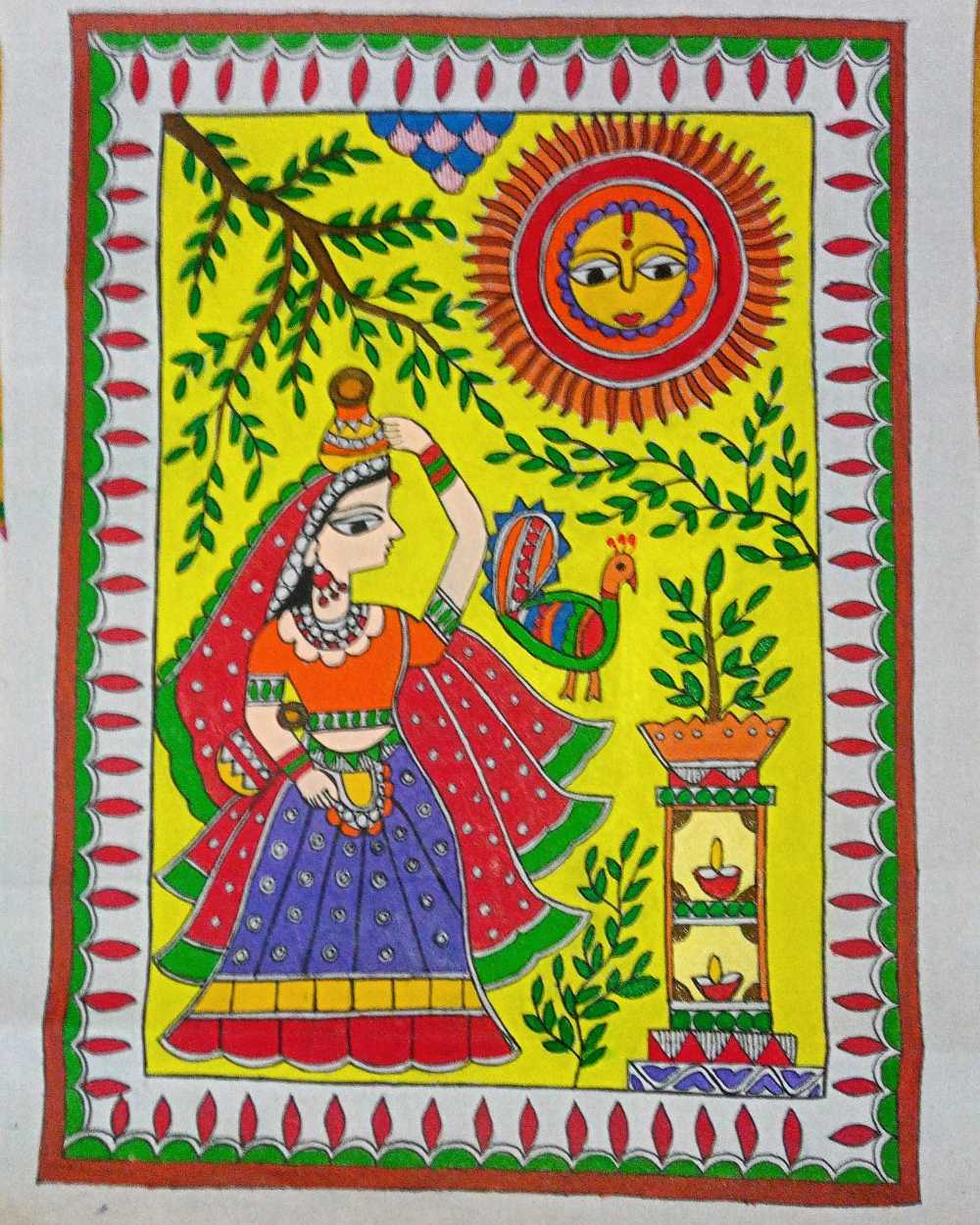 Original Handmade Madhubani Village Scene Painting