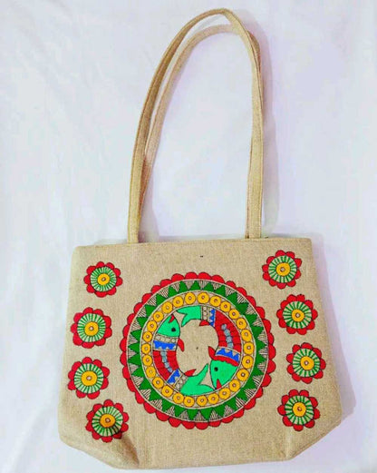 HandPainted Madhuani Jute Tote Bag