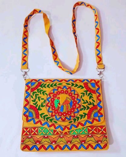 Handpainted Madhubani Khadi silk sling Bag