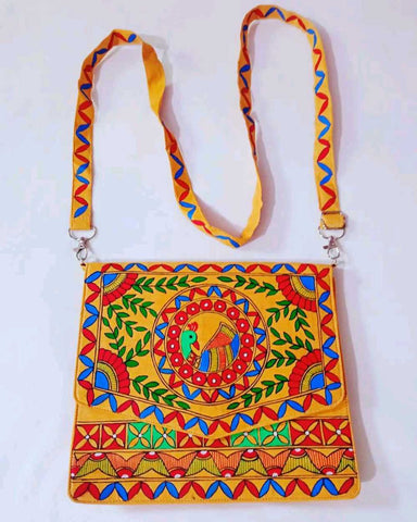 Handpainted Madhubani Khadi silk sling Bag