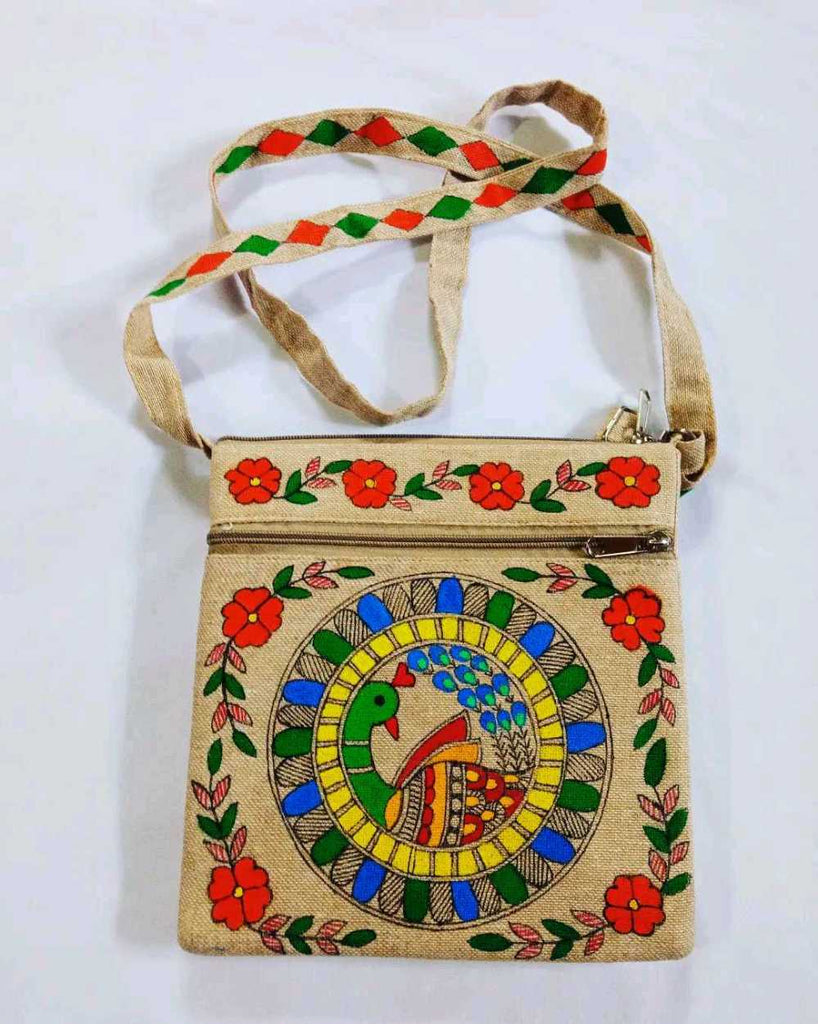 Kalaavisa Madhubani style Handpainted cotton jute hand purse for women &  girls (Multicolor)