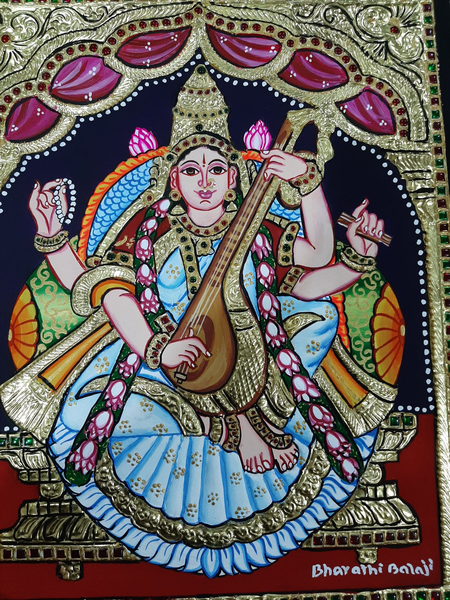 ORIGINAL HANDMADE MAA SARASWATI TANJORE PAINTING