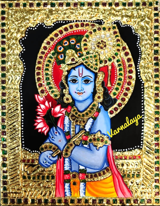 ORIGINAL HANDMADE KRISHNA WITH FLUTE TANJORE PAINTING