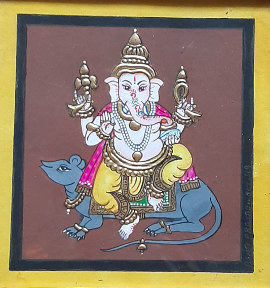 ORIGINAL HANDMADE MOOSHAKA VAHANA GANESHA MYSORE PAINTING