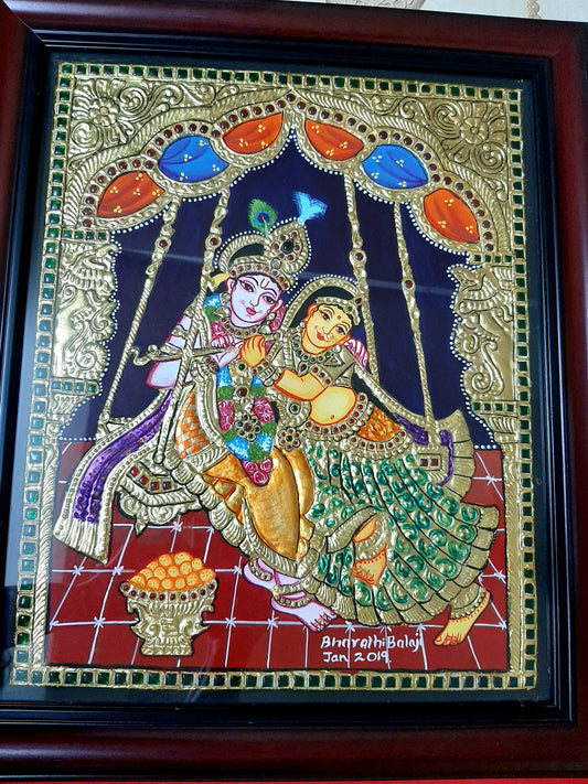 ORIGINAL HANDMADE TANJORE PAINTING OF RADHA KRISHNA ON SWING