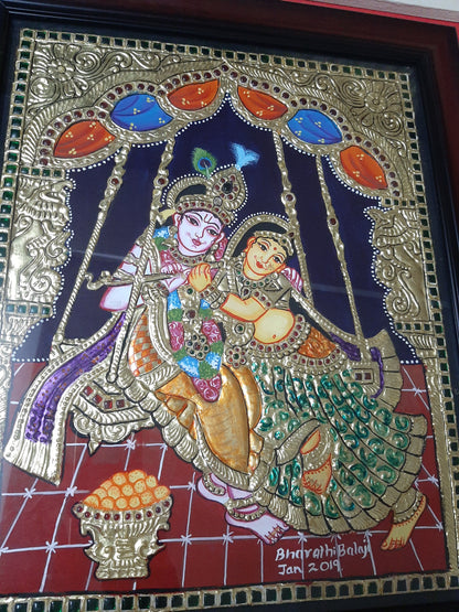 ORIGINAL HANDMADE TANJORE PAINTING OF RADHA KRISHNA ON SWING