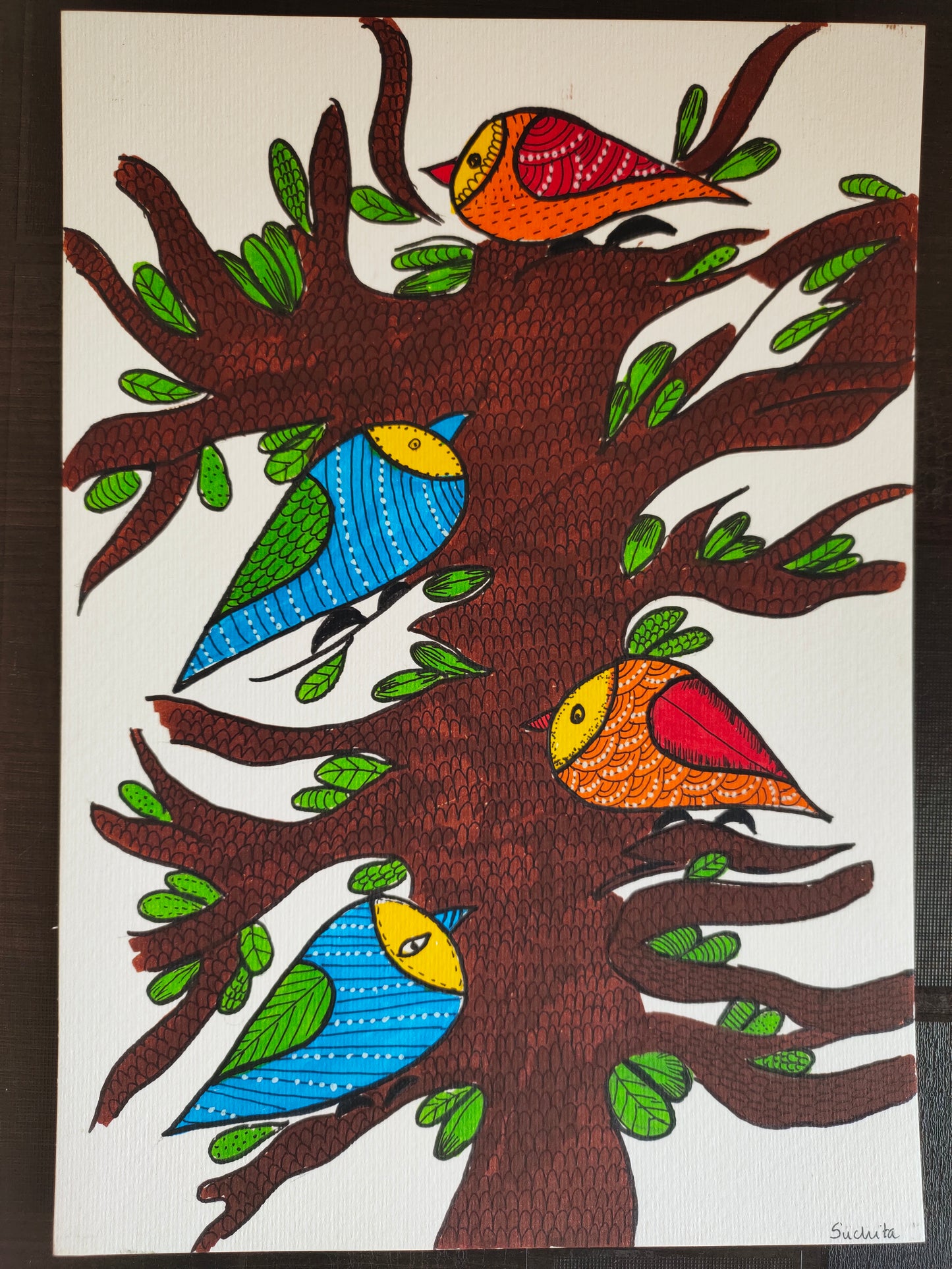 ORIGINAL HANDMADE BIRDS GOND ART PAINTING