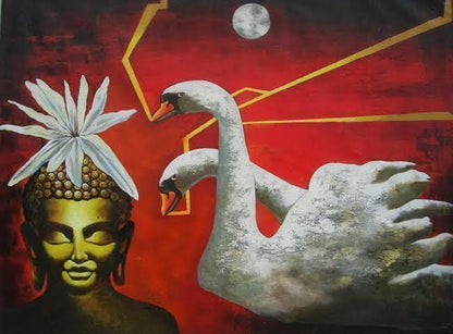 ORIGINAL HANDMADE ACRYLIC BUDDHA AND SWAN PAINTING