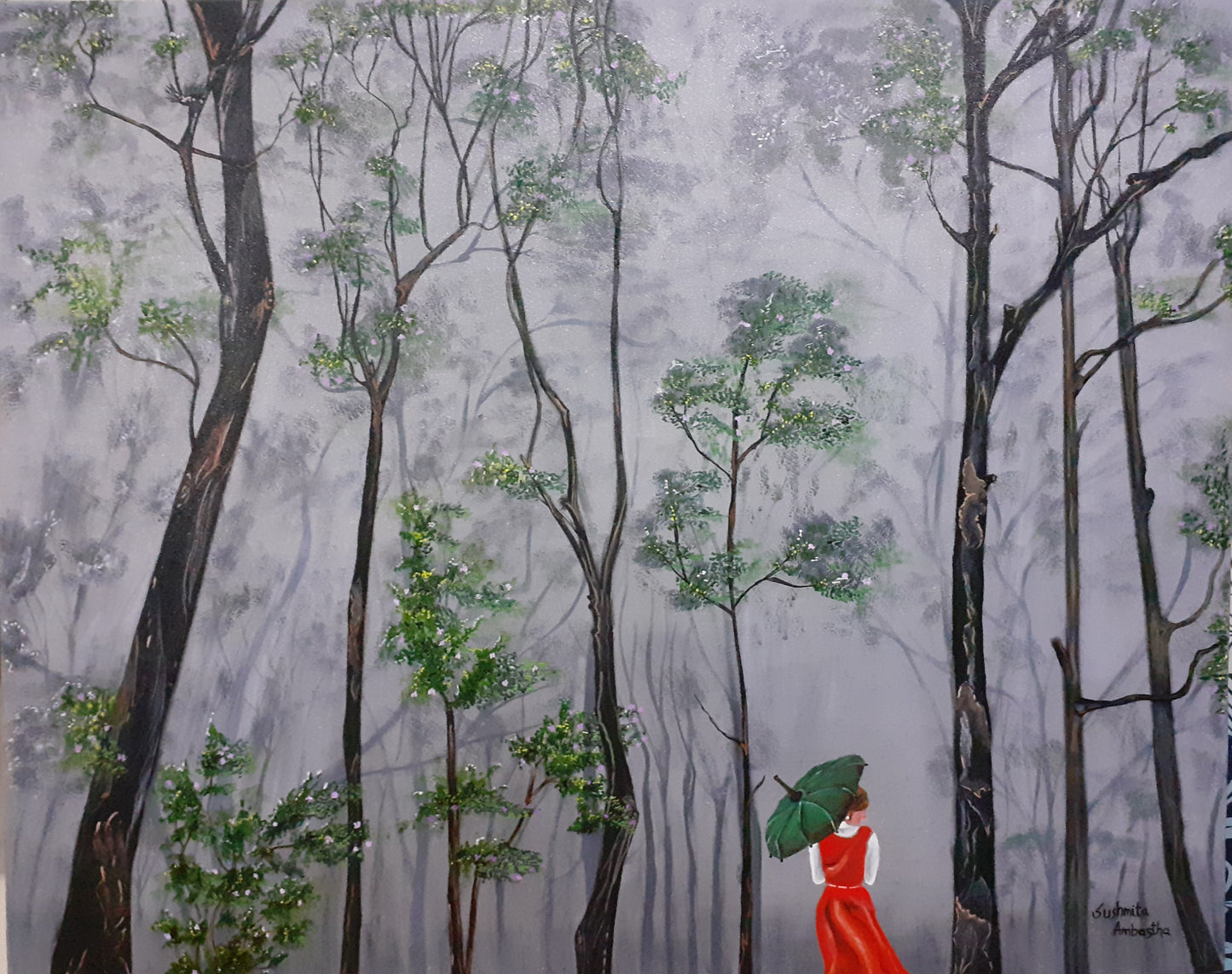 ORIGINAL HANDMADE WALK ON A RAINY DAY OIL PAINTING