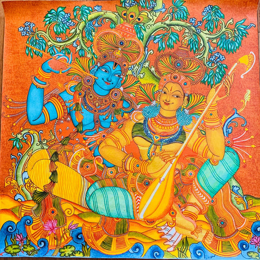 ORIGINAL HANDMADE RADHA KRISHNA KERALA MURAL PAINTING