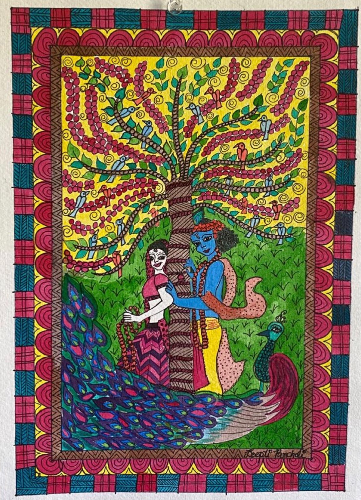 ORIGINAL HANDMADE ETERNAL LOVE MADHUBANI PAINTING