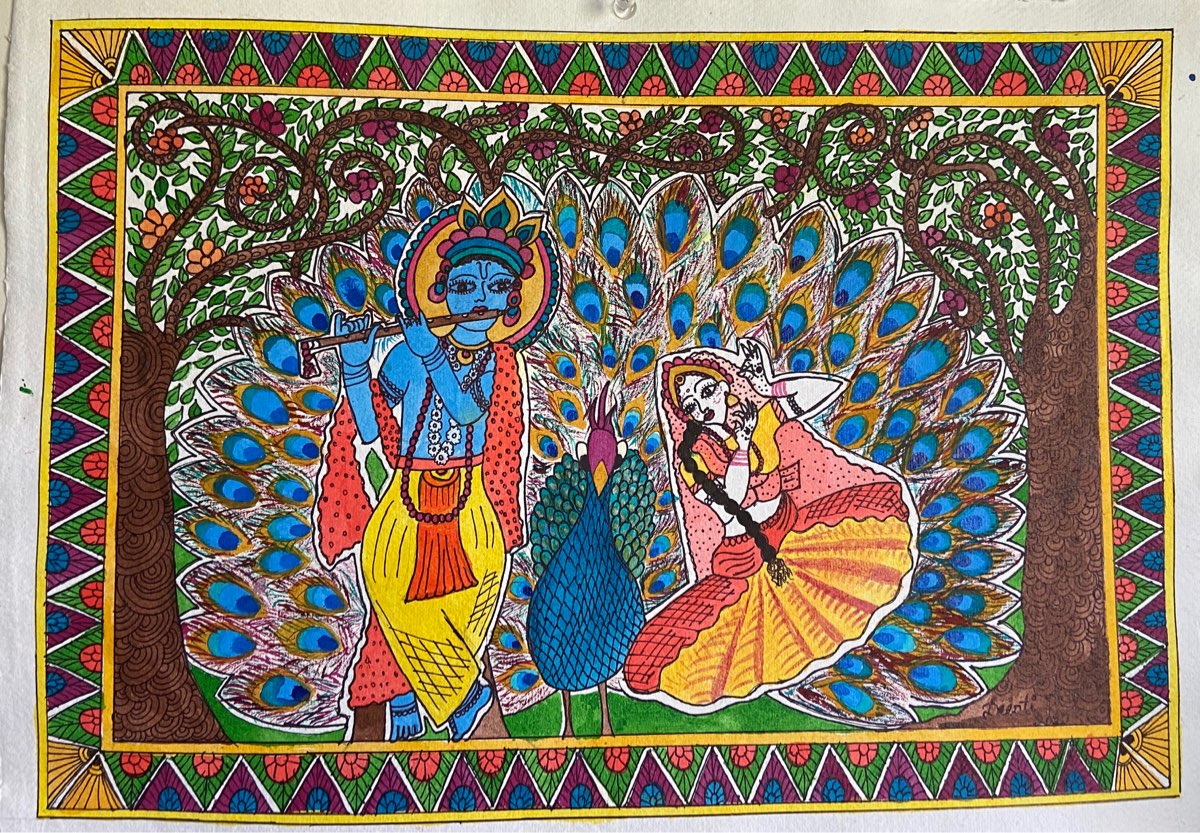 ORIGINAL HANDMADE KRISHNA RAAS MADHUBANI PAINTING