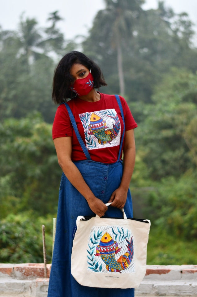 ORIGINAL HAND PAINTED MADHUBANI TOTE AND TEE COMBO