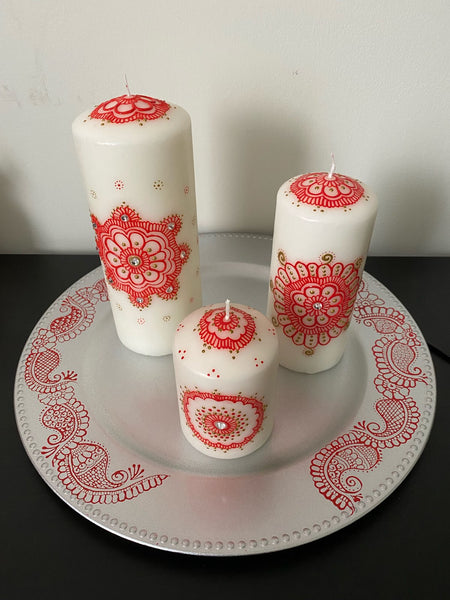 HAND PAINTED WAX PILLAR CANDLE SET WITH TRAY