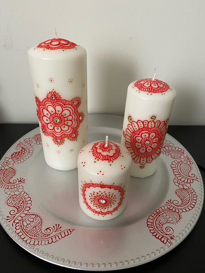 HAND PAINTED WAX PILLAR CANDLE SET WITH TRAY