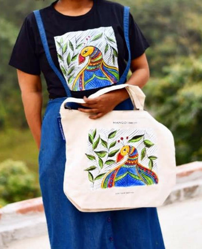 ORIGINAL HAND PAINTED MADHUBANI TOTE AND TEE COMBO