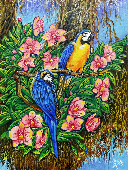 ORIGINAL HANDMADE PAIR OF PARROTS PAINTING