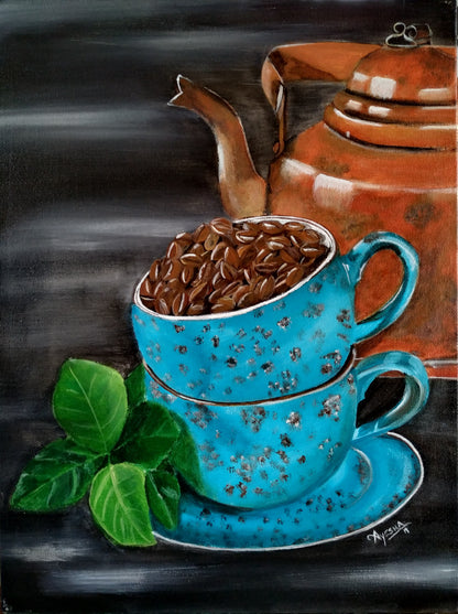 ORIGINAL HANDMADE THE BLUE COFFEE CUP PAINTING