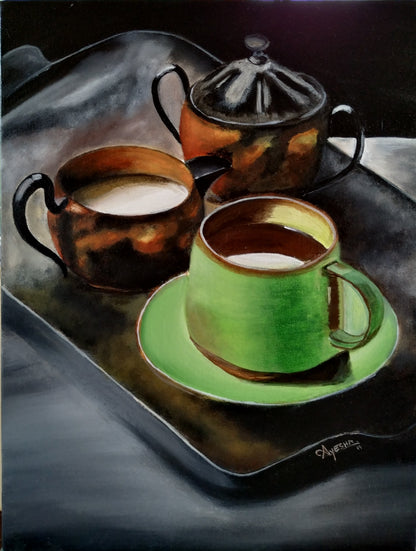 ORIGINAL HANDMADE THE GREEN COFFEE CUP PAINTING