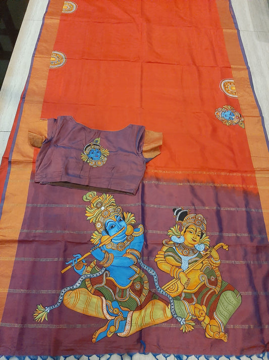 ORIGINAL HAND PAINTED RADHA KRISHNA FLUTE HERITAGE SAREE