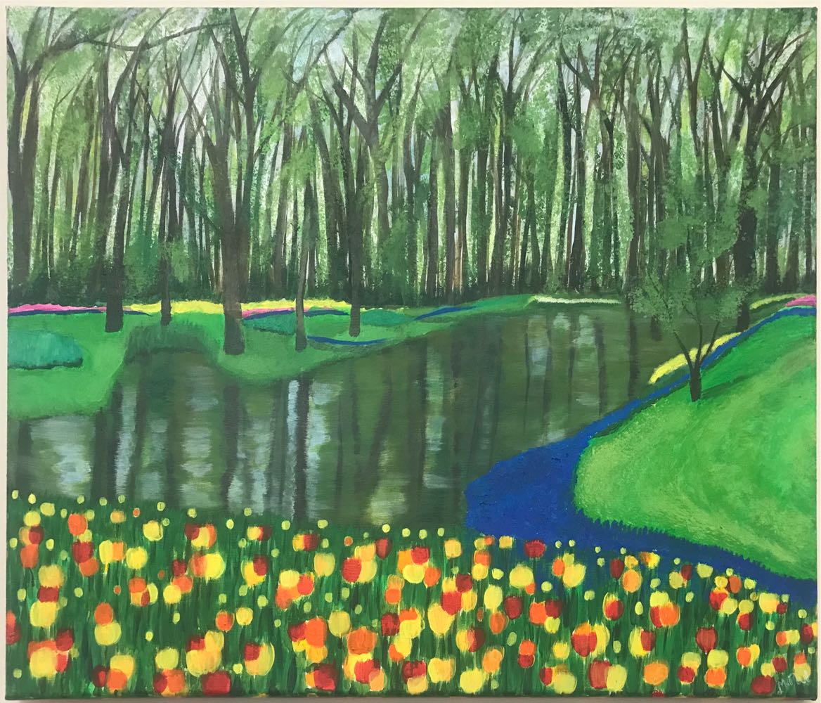 ORIGINAL HANDMADE TULIP WITH FOREST BACKGROUND PAINTING