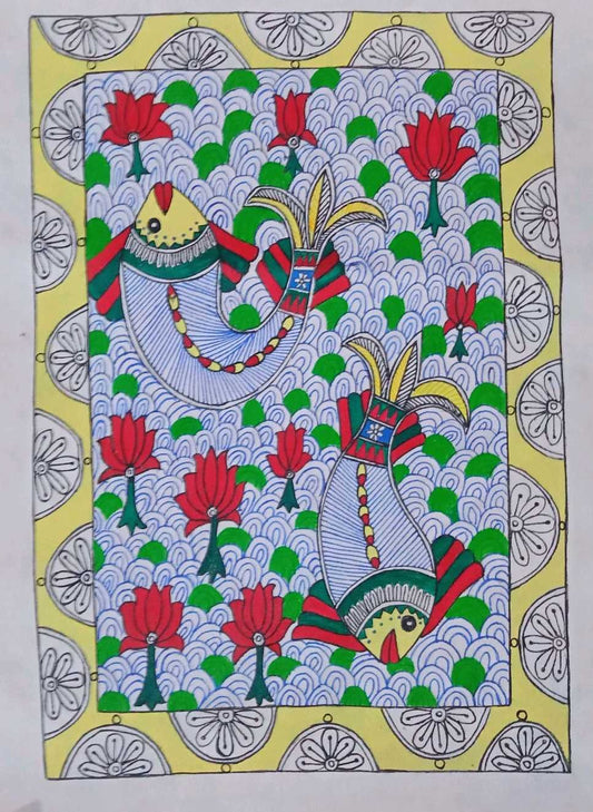 Original Madhubani Floating Fishes Painting