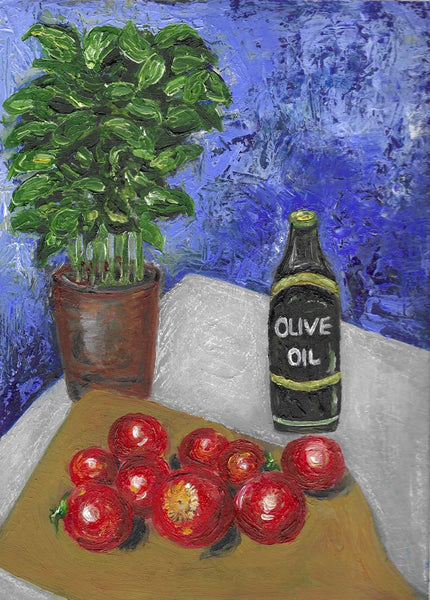 Original Handmade Pasta Series - Cherry Tomatoes, Basil and Olive Oil Painting