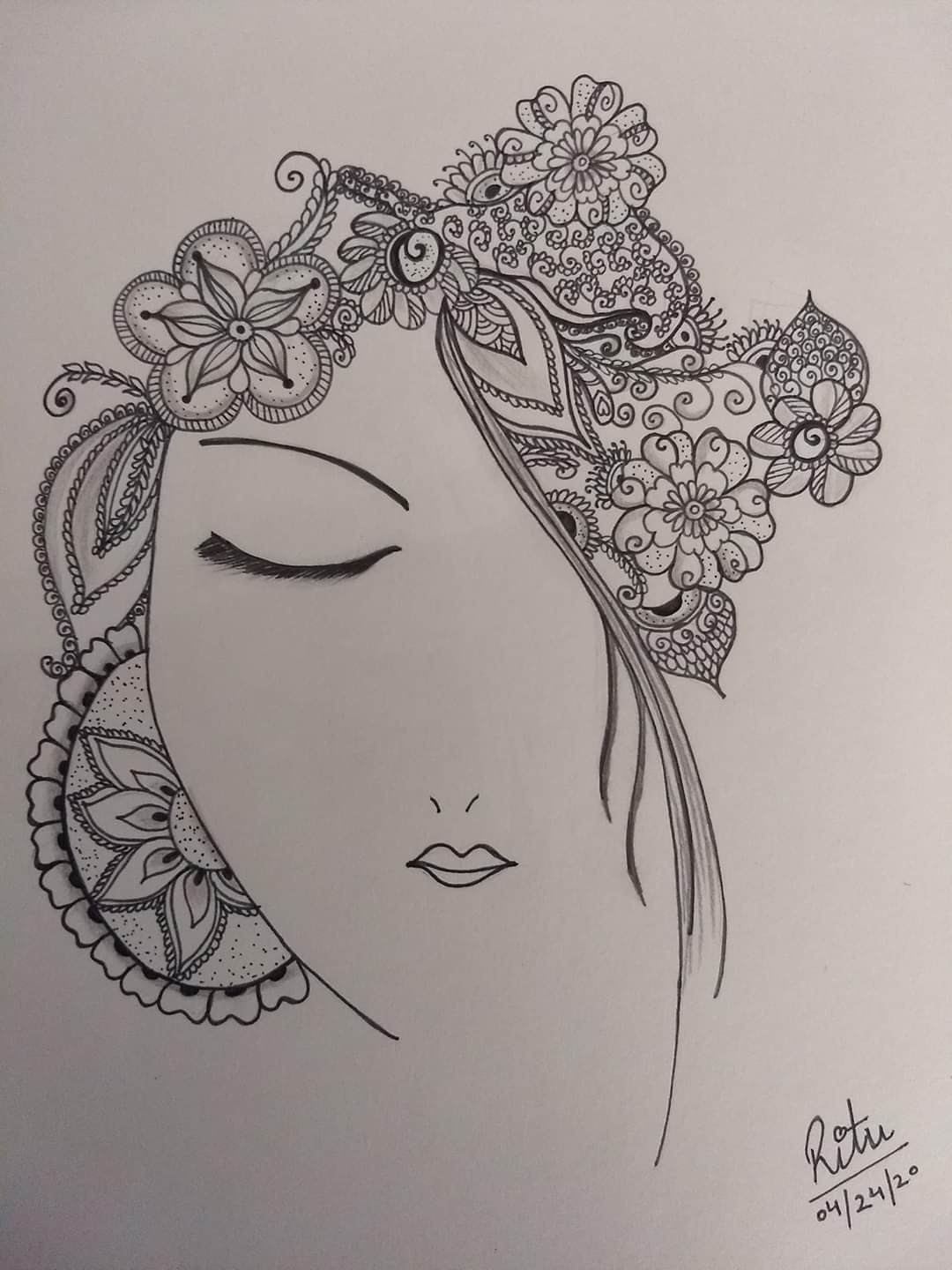 ORIGINAL HANDMADE BEAUTIFUL WOMAN FACE ZENTANGLE