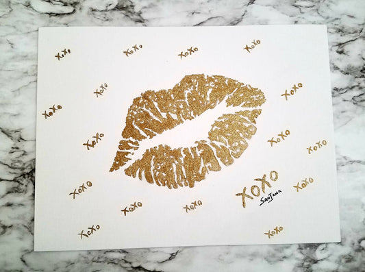 Original handmade golden lips on a canvas panel