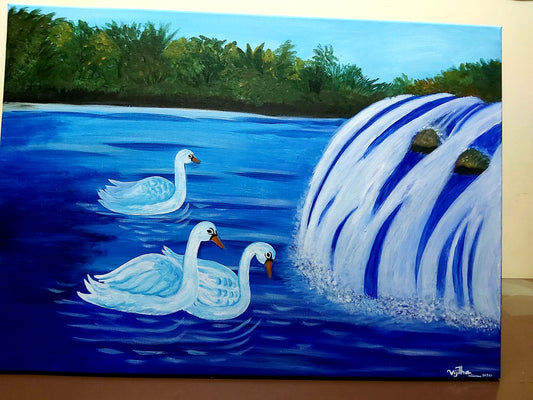 ORIGINAL HANDMADE SWAN IN THE LAKE PAINTING