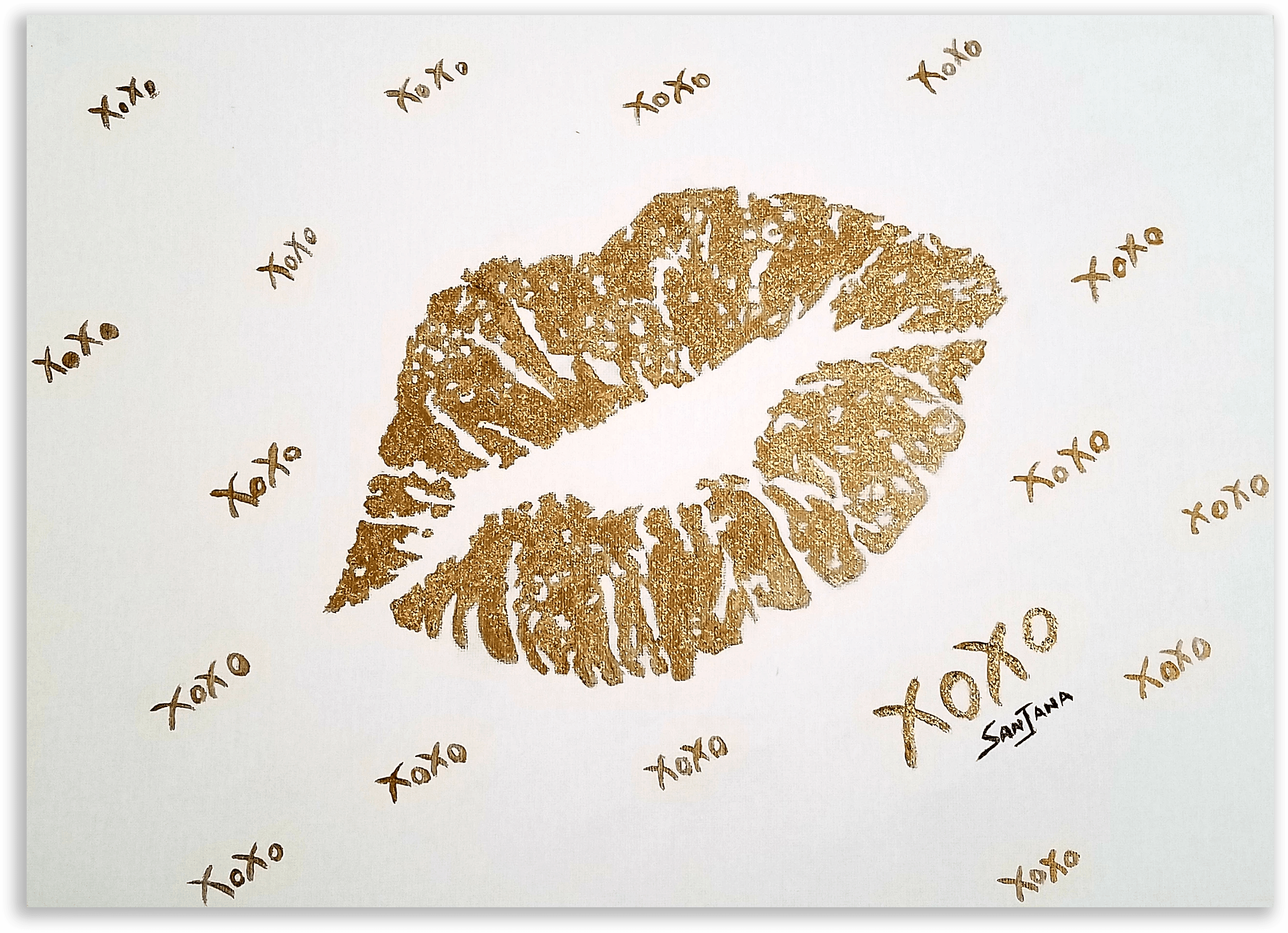 Original handmade golden lips on a canvas panel