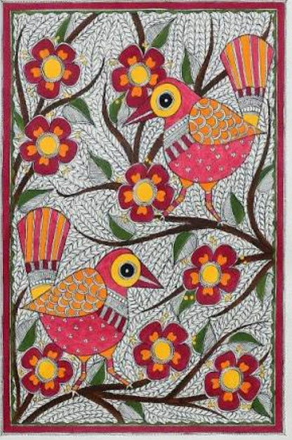 ORIGINAL HANDMADE BIRDS WITH FLOWERS MADHUBANI PAINTING