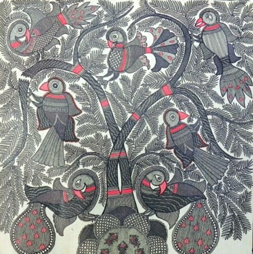 ORIGINAL HANDMADE PEACOCK STYLED TREE MADHUBANI PAINTING